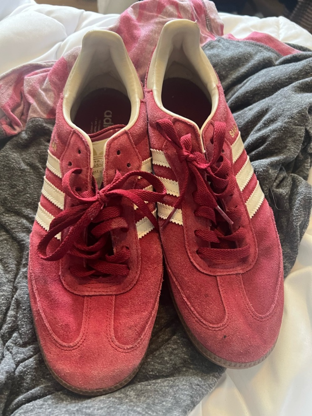 adidas Burgundy Suede Sneakers with White Stripes